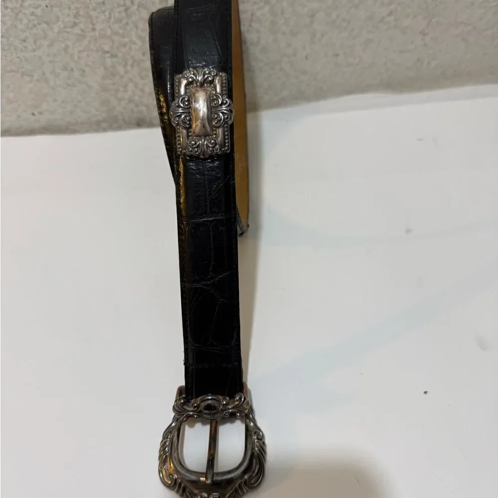 Enmon Belts Black Embossed Italian Leather Belt Silver Tone sz Small